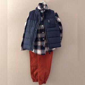 Little Lad 3 Piece Set Navy Puffer Vest, Plaid Shirt, Orange Pants Sz 5